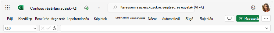 Képernyőkép az Excel menüszalagjáról, az egyes lapok alatti parancsok teljes listájáról