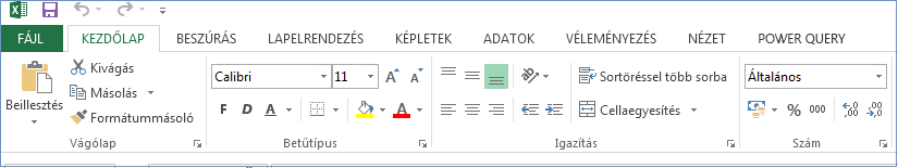 Az összes lap és parancs látható a menüszalagon.