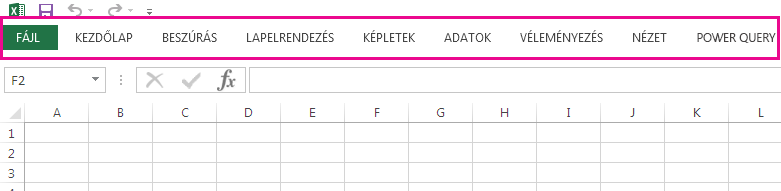 Csak a lapfülek láthatók a menüszalagon.
