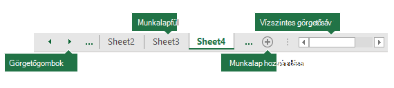 Az Excel-munkaablak alján látható Excel-munkalapfülek
