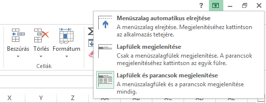A Menüszalag megjelenítési lehetőségei ikonra kattintva megnyílik egy menü.
