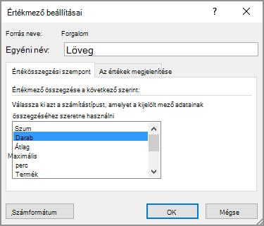 Értékmező-beállítások párbeszédpanel