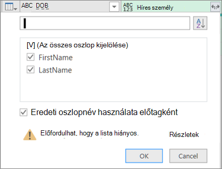 Kattintás a Kibontás gombra strukturált rekordoszlop esetén