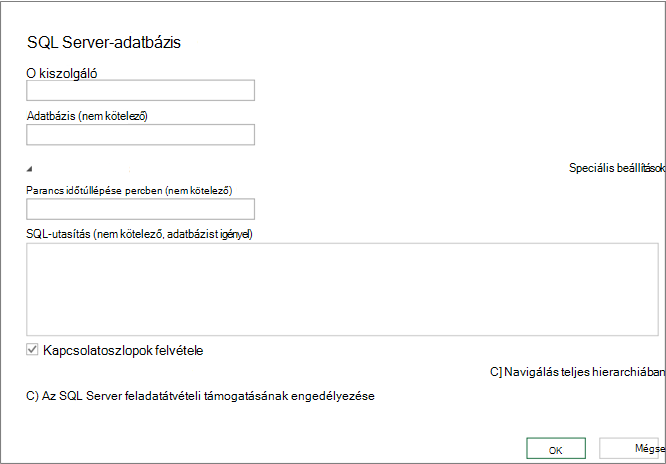 Az SQL Server-adatbázis párbeszédpanel