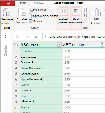 A Power Query-szerkesztő tipikus nézete