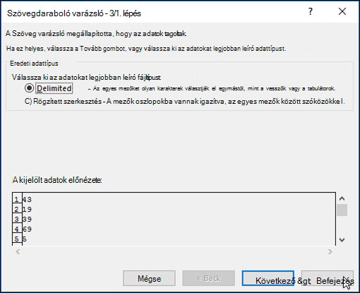 Az Adatszövegből > oszlopok párbeszédpanel képe