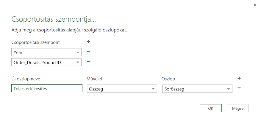 Képernyőkép az összesítő műveletek csoportosítási szempontja párbeszédpaneljéről.