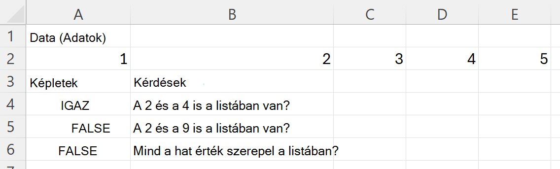 Annak ellenőrzése a HASALL függvénnyel, hogy egy tartomány egy halmaz minden értékét tartalmazza-e
