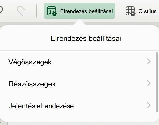 Kimutatáselrendezés legördülő menü iPaden.