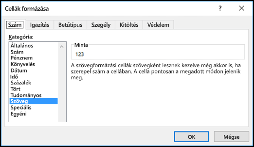 A Cellák formázása párbeszédpanel, amelyen a Szám lap Szöveg beállítása van kiválasztva
