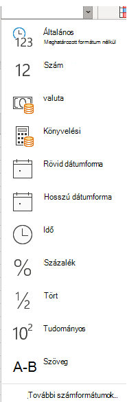 Számformátum legördülő listája