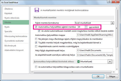 Automatikus helyreállítási beállítás az Excel Beállítások párbeszédpanelének Mentés lapján