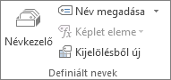 A Képletek lap Definiált nevek csoportja