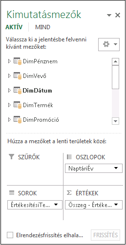 Kimutatás mezőlistája
