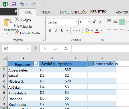 Tábla bővítése az Excelben