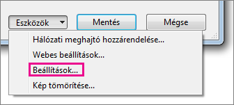 Az Eszközök menü Beállítások pontja