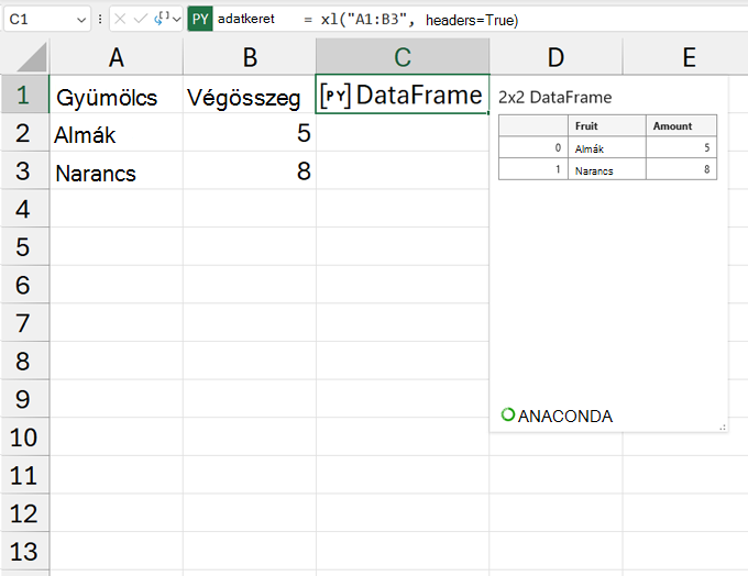 Egy nyitott DataFrame-kártya.
