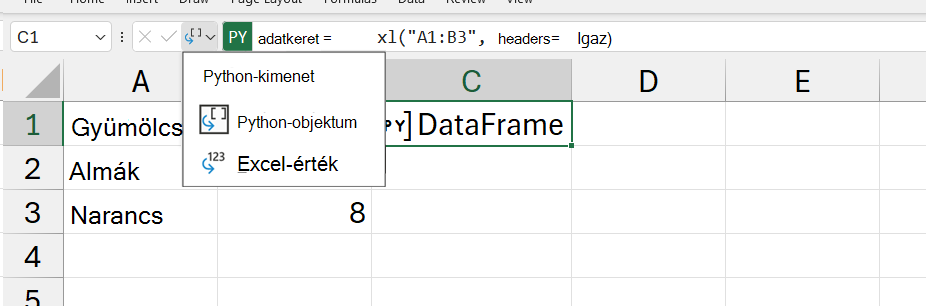 A megnyitott Python kimeneti menü az Excelben.