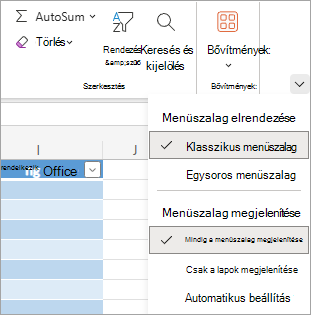 Képernyőkép az Excel menüszalagbeállításairól