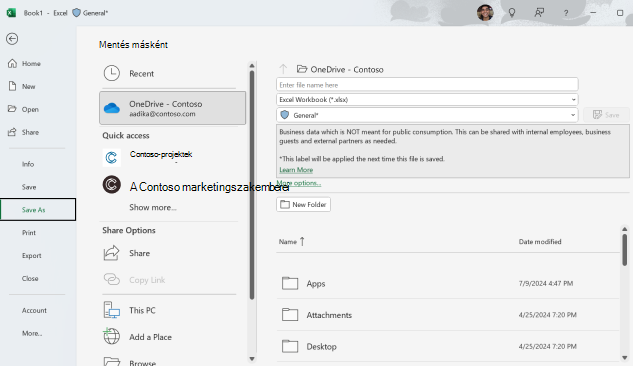 Képernyőkép: Munkafüzet mentése a OneDrive-ra