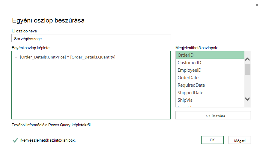 Képernyőkép a Sor végösszegének kiszámítása minden Order_Details sorhoz