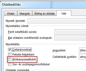 Az Oldalbeállítás párbeszédpanel Lap lapja