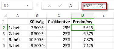 Százalékszámítás eredménye a D oszlopban