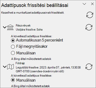 Az adattípusok Frissítési beállítások ablaktáblája.