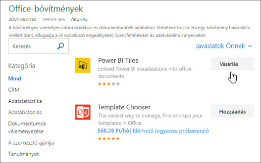 Képernyőkép az Office-bővítmények lapról, ahol kiválaszthat vagy kereshet Excel-bővítményeket.