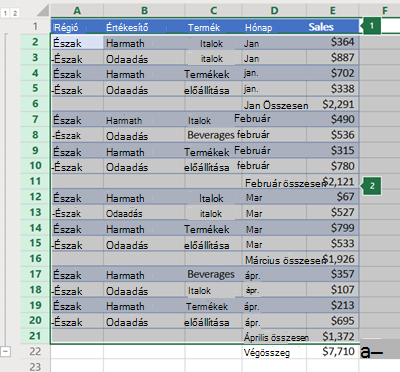 Sorok tagolása az Excel Online-ban