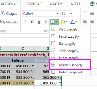 Szegély hozzáadása táblázathoz vagy adattartományhoz