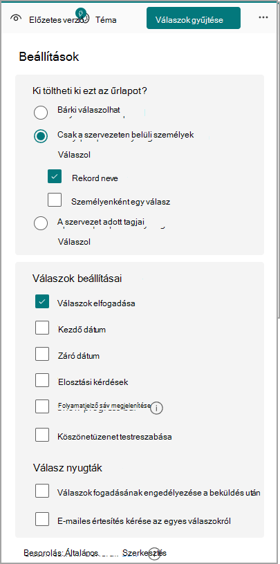 Válaszok beállításainak összegyűjtése legördülő menü