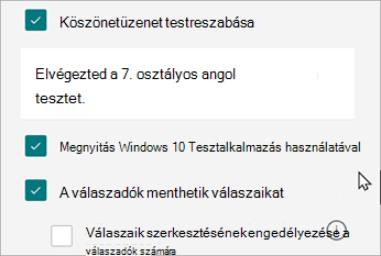 A tesztek beállításaiban megjelennek a tesztekre adott válaszok: Megnyitás Windows 10 Teszt készítése lehetőséggel