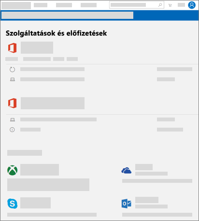 A account.microsoft.com Szolgáltatások & előfizetések lapja
