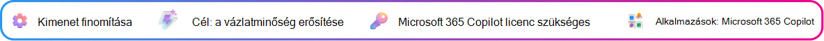 A kimenet pontosítási környezetkártyája a Copilot által generált javaslatvázlat javítására összpontosított. Cél: A javaslat piszkozatának finomítása. Microsoft 365 Copilot-licenc szükséges. Alkalmazás: Microsoft 365 Copilot.