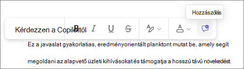 Megjegyzés gomb, amely akkor jelenik meg, ha kijelöli a szöveget a Copilot-oldalakben.
