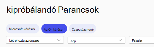 A Copilot-parancsgyűjtemény navigációs fejléc, amelyen a Saját kérdések lap van kijelölve.