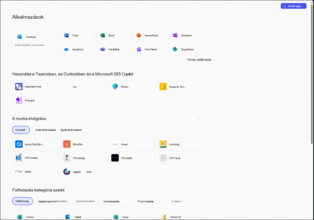Az Alkalmazások modul a Microsoft Copilot alkalmazásban.