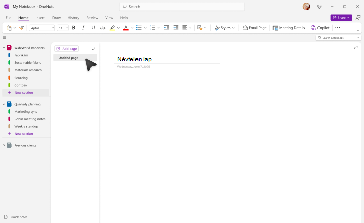 A OneNote Új lap képernyője.