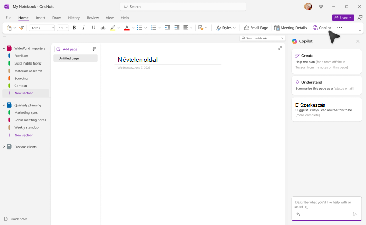A OneNote Start Copilot képernyője.