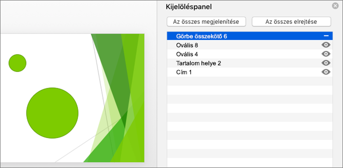Az elrejtés funkciót mutatja a Mac Office 2016 Kijelöléspaneljén