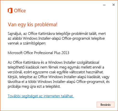 Hiba az Office Kattintásra termék MSI-telepítővel való telepítésekor