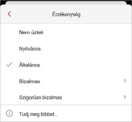 Képernyőkép a bizalmassági menüről, amelyben az elérhető bizalmassági címkék láthatók.