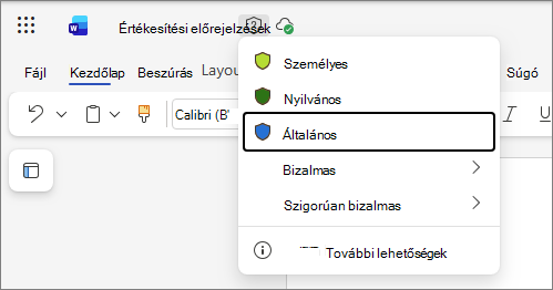 A tartalmi címkék legördülő listája a Webes Office-ban, példaként egy Word-dokumentumot és a szabványos címkeneveket használva
