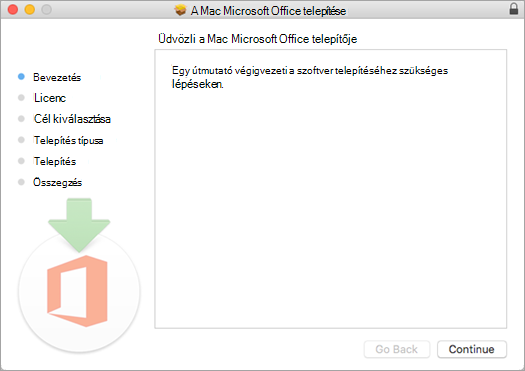 A Mac 2016 első telepítési képernyője, amelyen a Folytatás elem van kiemelve