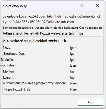 Képernyőkép a felhasználói engedélyeket megjelenítő párbeszédpanelről