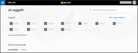 Az Office 365 kezdőlapja