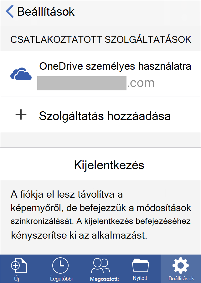 A Kijelentkezés elem az iOS Office-ban