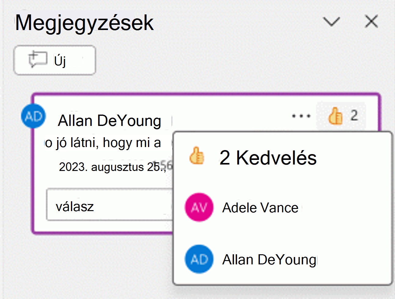 Képernyőkép egy megjegyzésre adott felfelé mutató hüvelykujjról