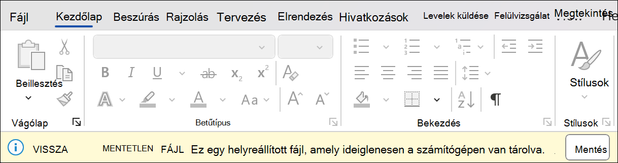 Képernyőkép a munkamenet helyreállításáról a Word-ben, amely a következőt tartalmazza: Nem mentett fájl helyreállítása: ez egy helyreállított fájl, amelyet ideiglenesen a számítógépen tárol. Mellette egy Mentés gomb látható.